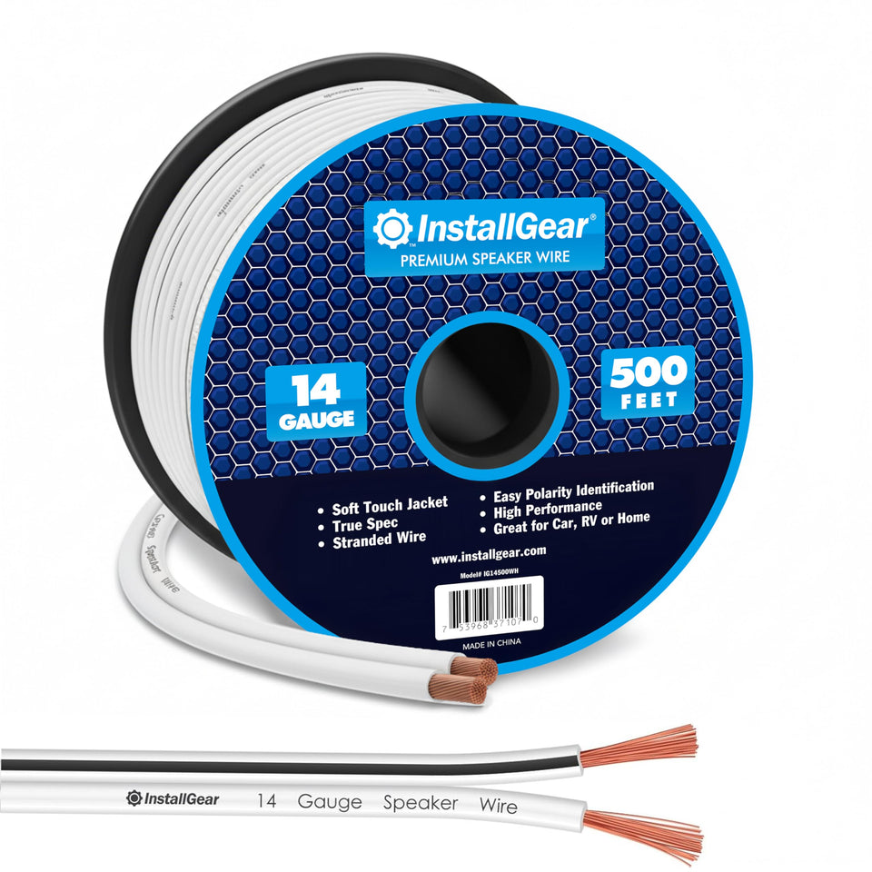 InstallGear 14-gauge speaker wire white 500ft spool for outdoor installation with durable routing.