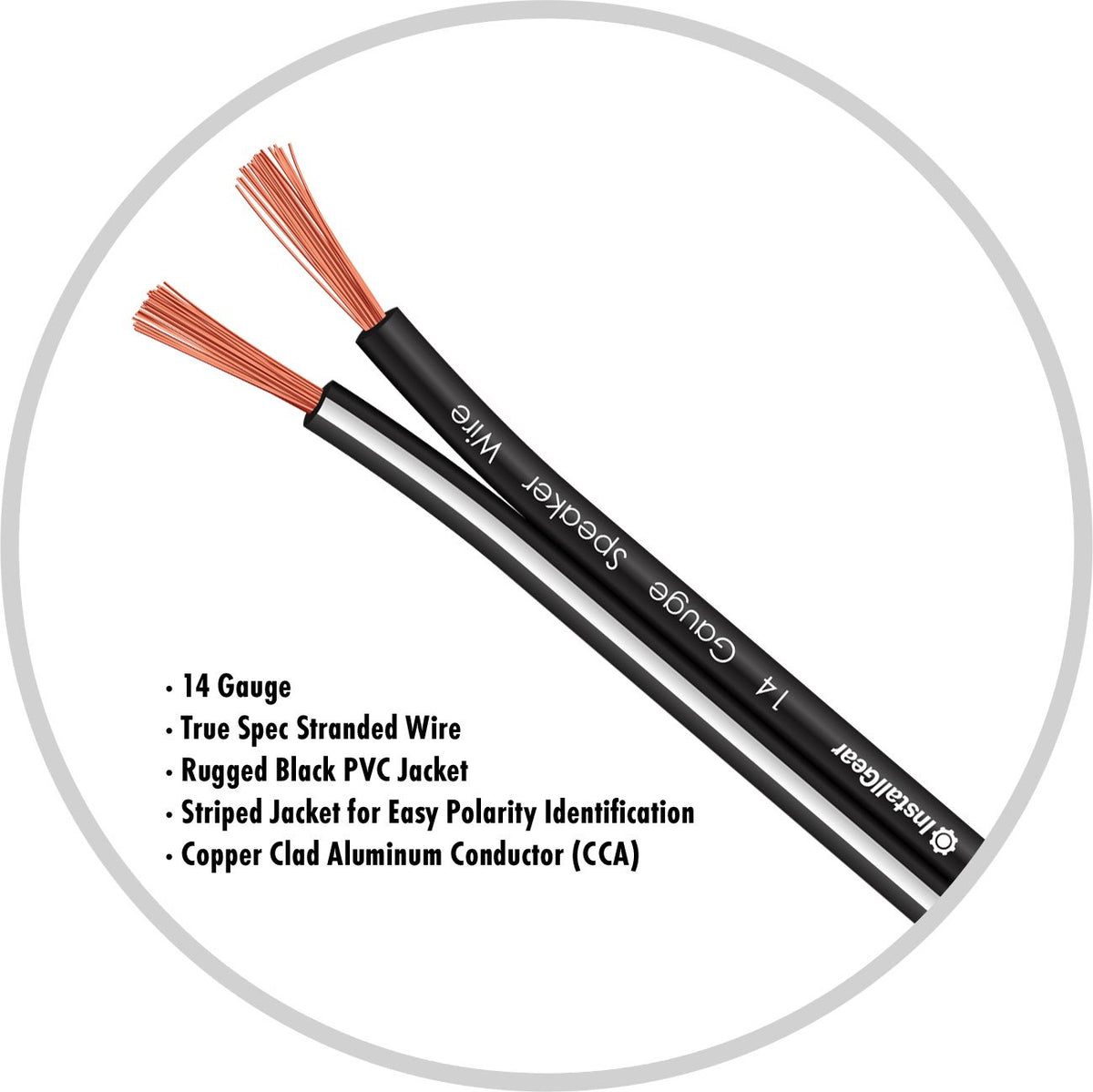 Black jacket with white polarity stripe on InstallGear 14 AWG wire for easy identification