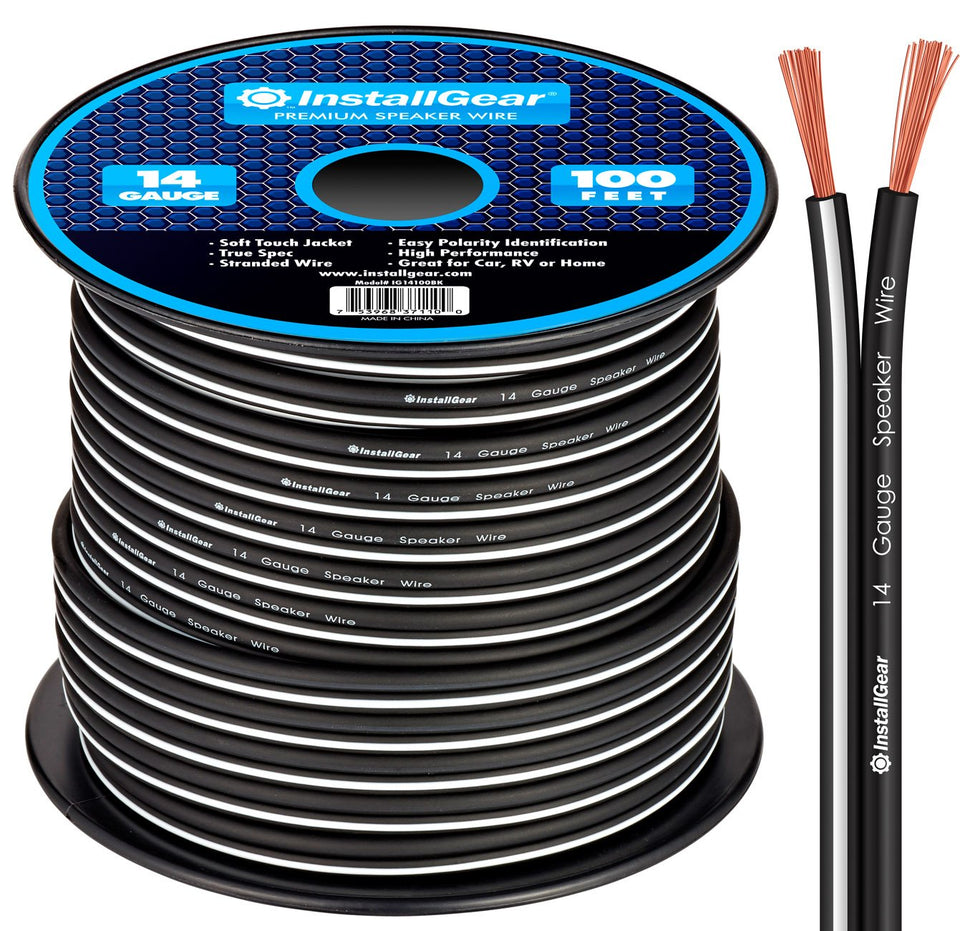 InstallGear 14-gauge speaker wire spool highlights durable long-run connectivity for car or home audio.