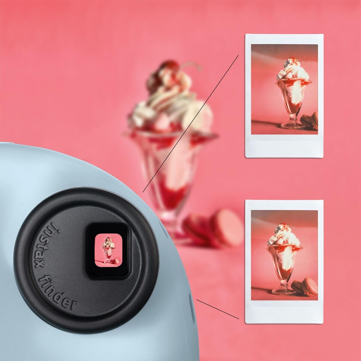 instax mini 12 blossom pink back view with built-in selfie features.