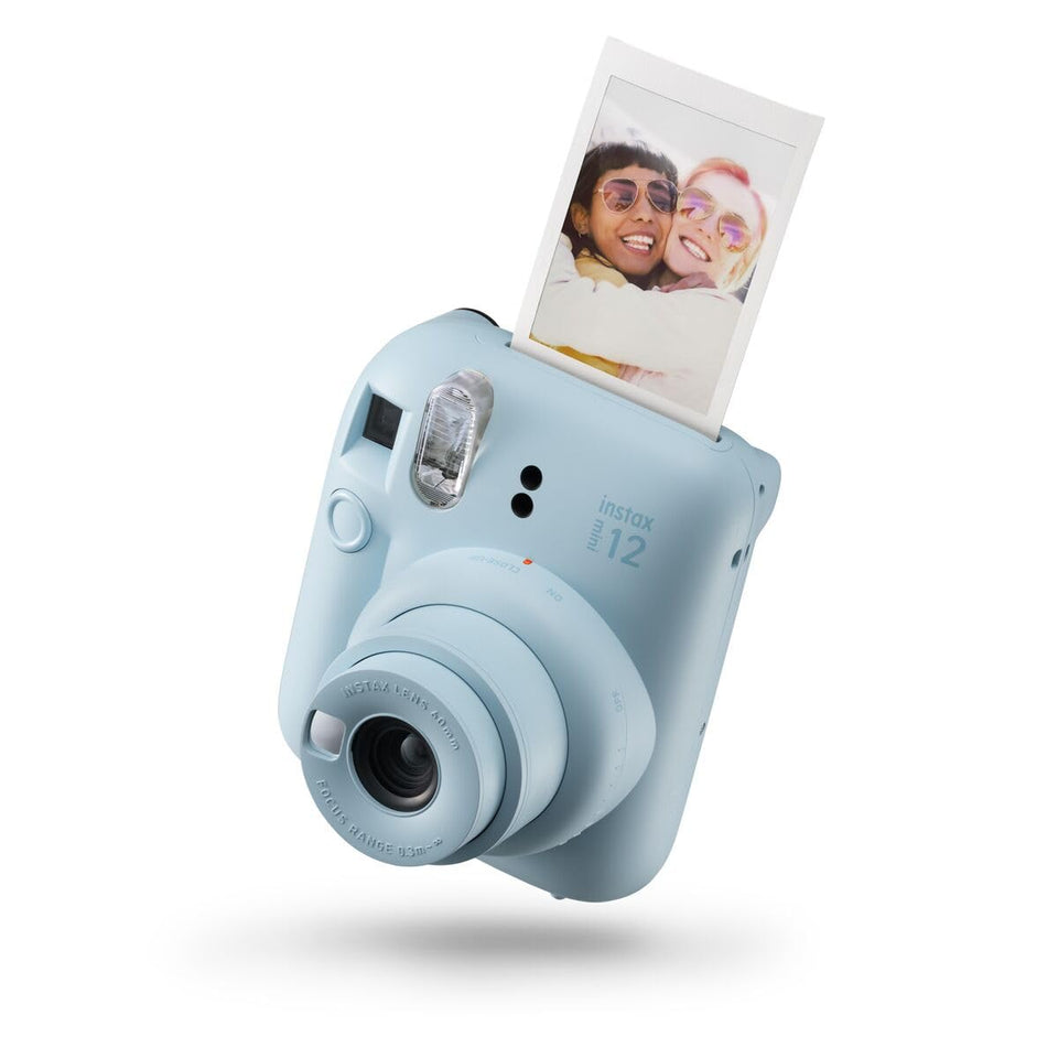 instax mini 12 pastel blue front view, portable instant photos for on-the-go memories.
