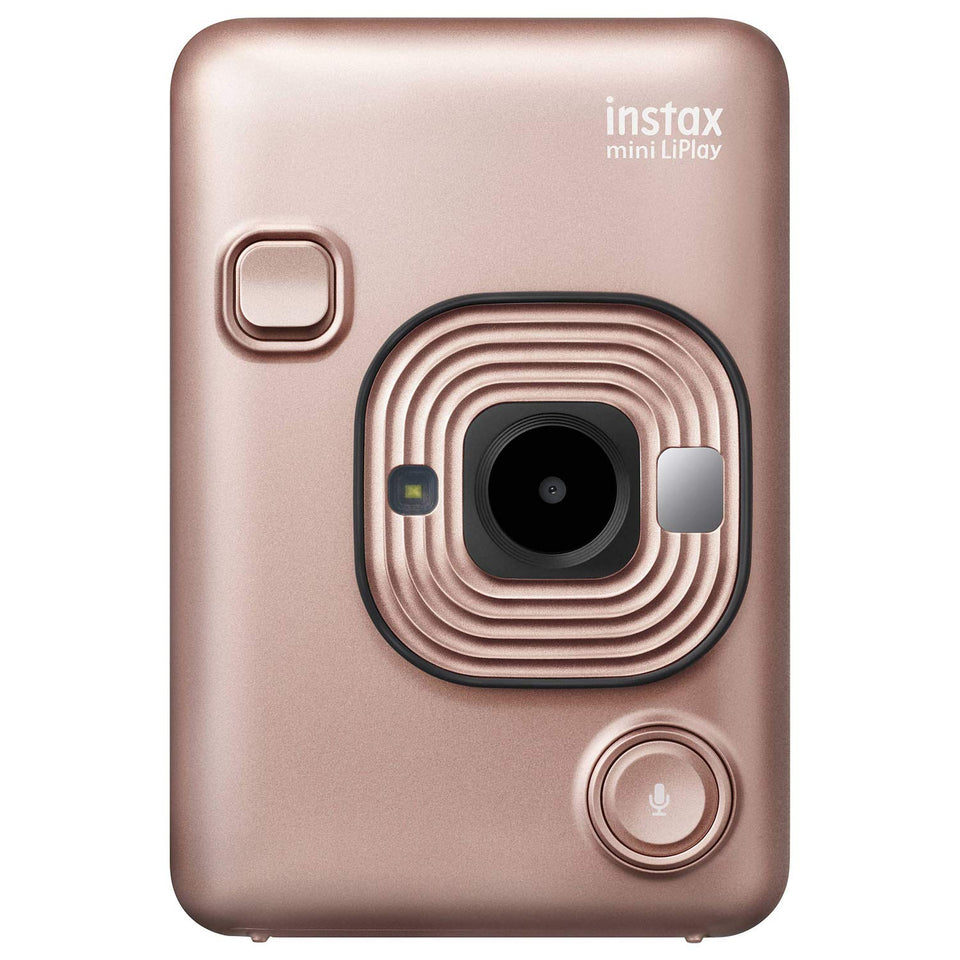 instax mini LiPlay rose gold front view showing compact design for on the go printing