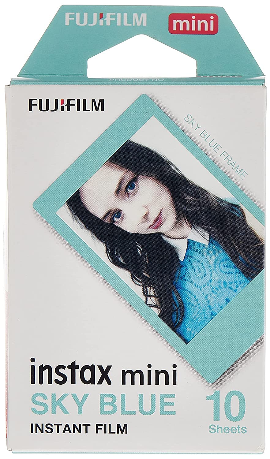 Instax Mini sky blue film—ten exposures for bright, colorful prints on the go.