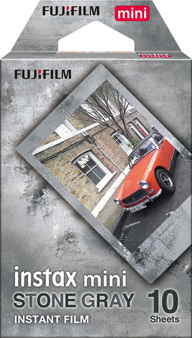 instax film pack front showing brand and gray stone design benefit premium look