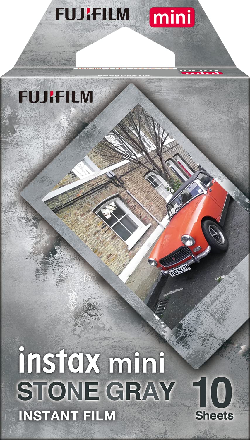 instax film pack front showing brand and gray stone design benefit premium look
