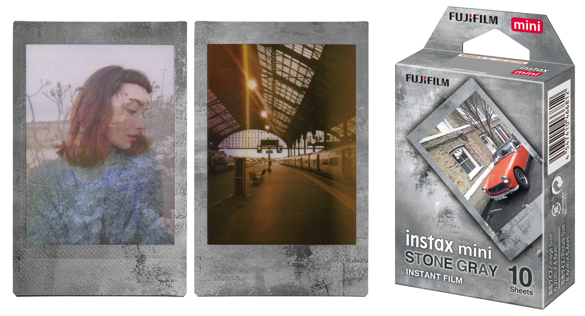 instax mini camera ejecting a Stone Gray photo showing instax instant convenience