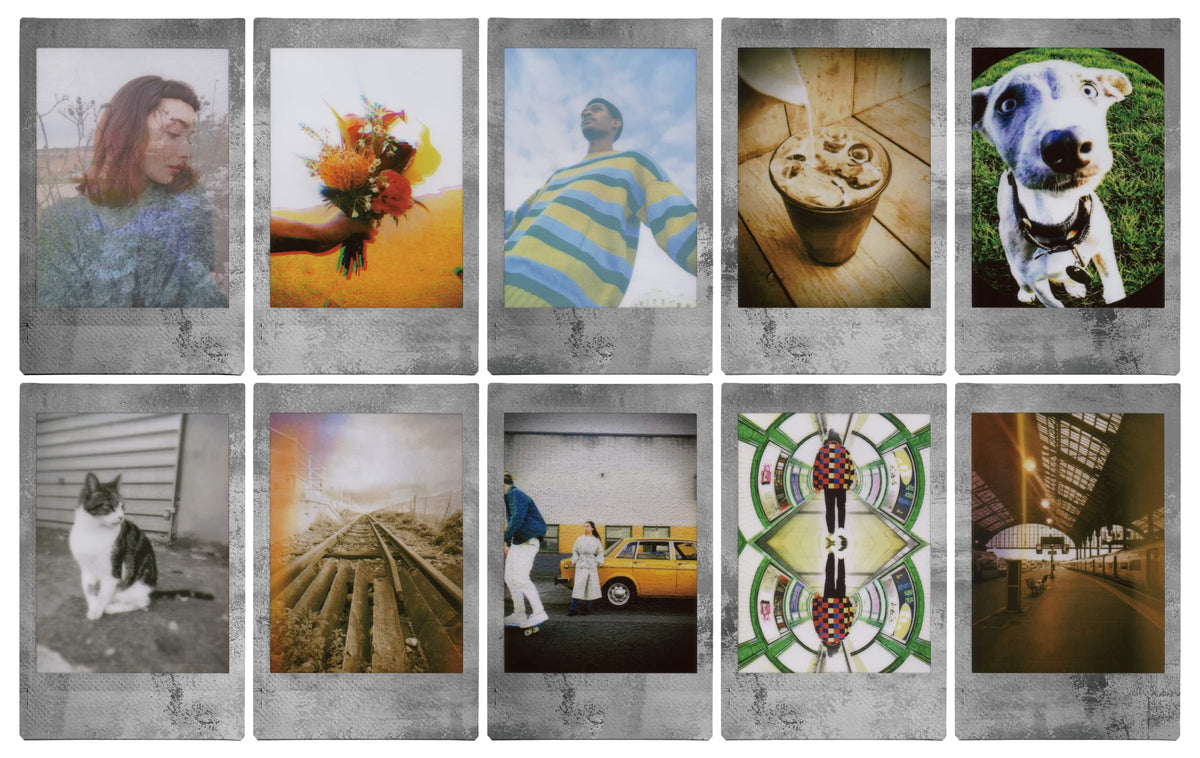 stone gray prints on tabletop with camera showing instax stylish keepsake display