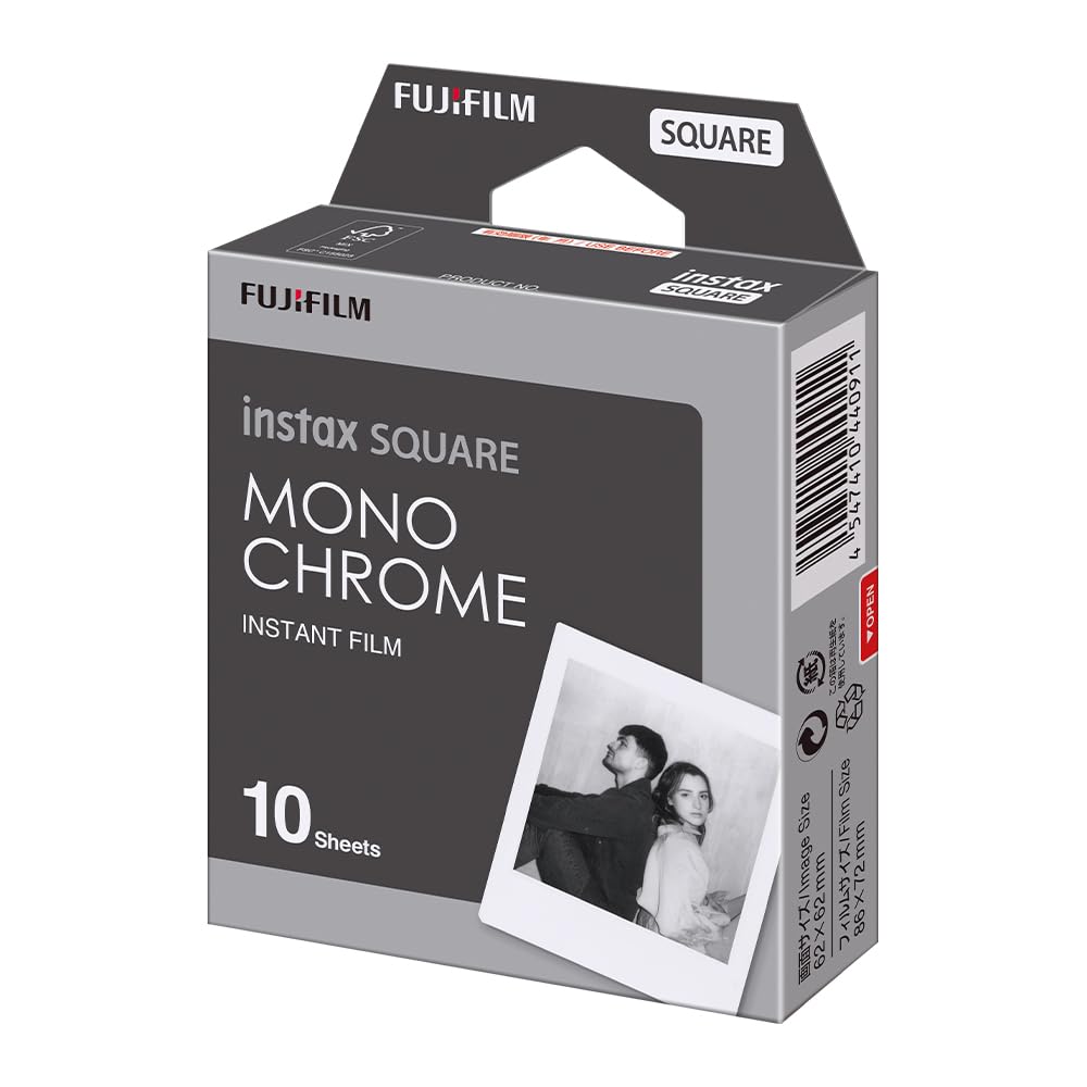 Instax Square Monochrome Film for square B&W prints with ISO 800, ideal for day or flash shots