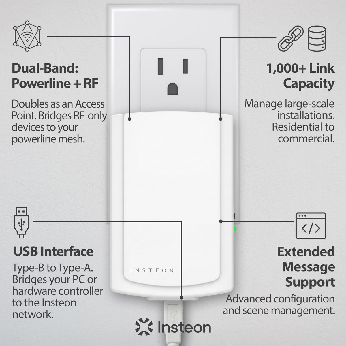 Insteon PowerLinc USB connector detail with clear port view for easy installation