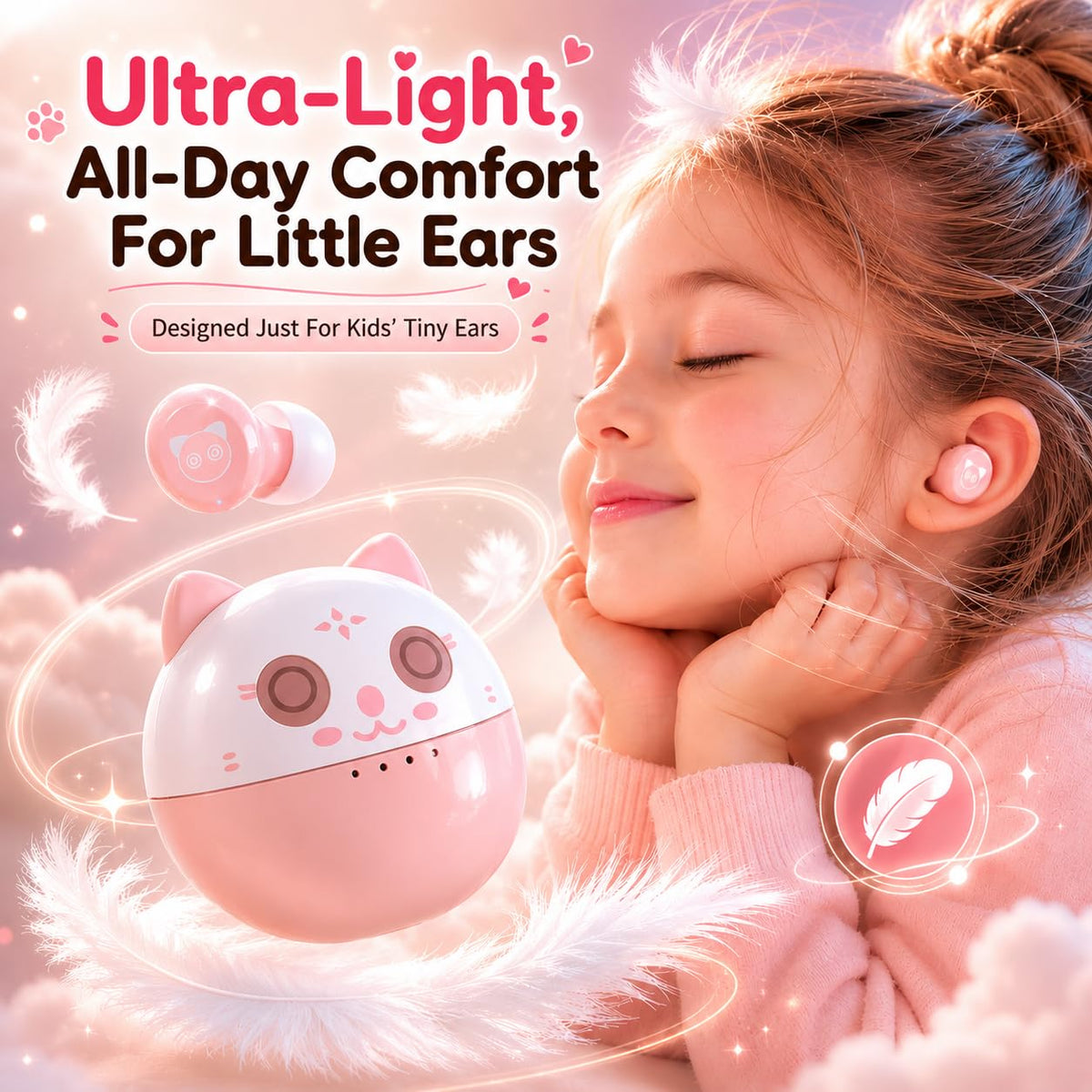 Instiwitt Pink Cat long-lasting battery with up to 40 hours of listening.