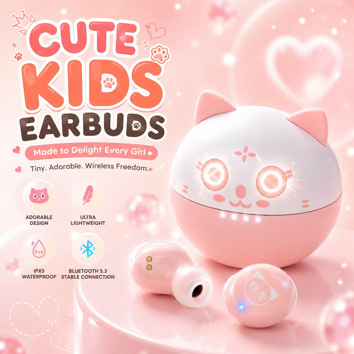 Instiwitt Pink Cat touch-control earbuds with intuitive controls for easy music and calls.