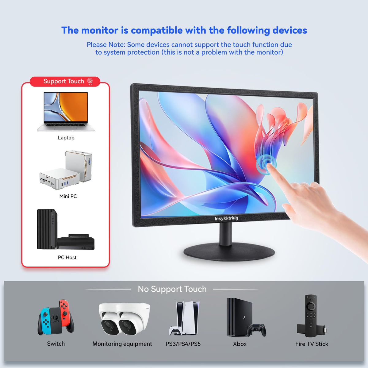 Insykktrkig 19-inch touchscreen monitor 170-degree viewing angle supports group sharing.