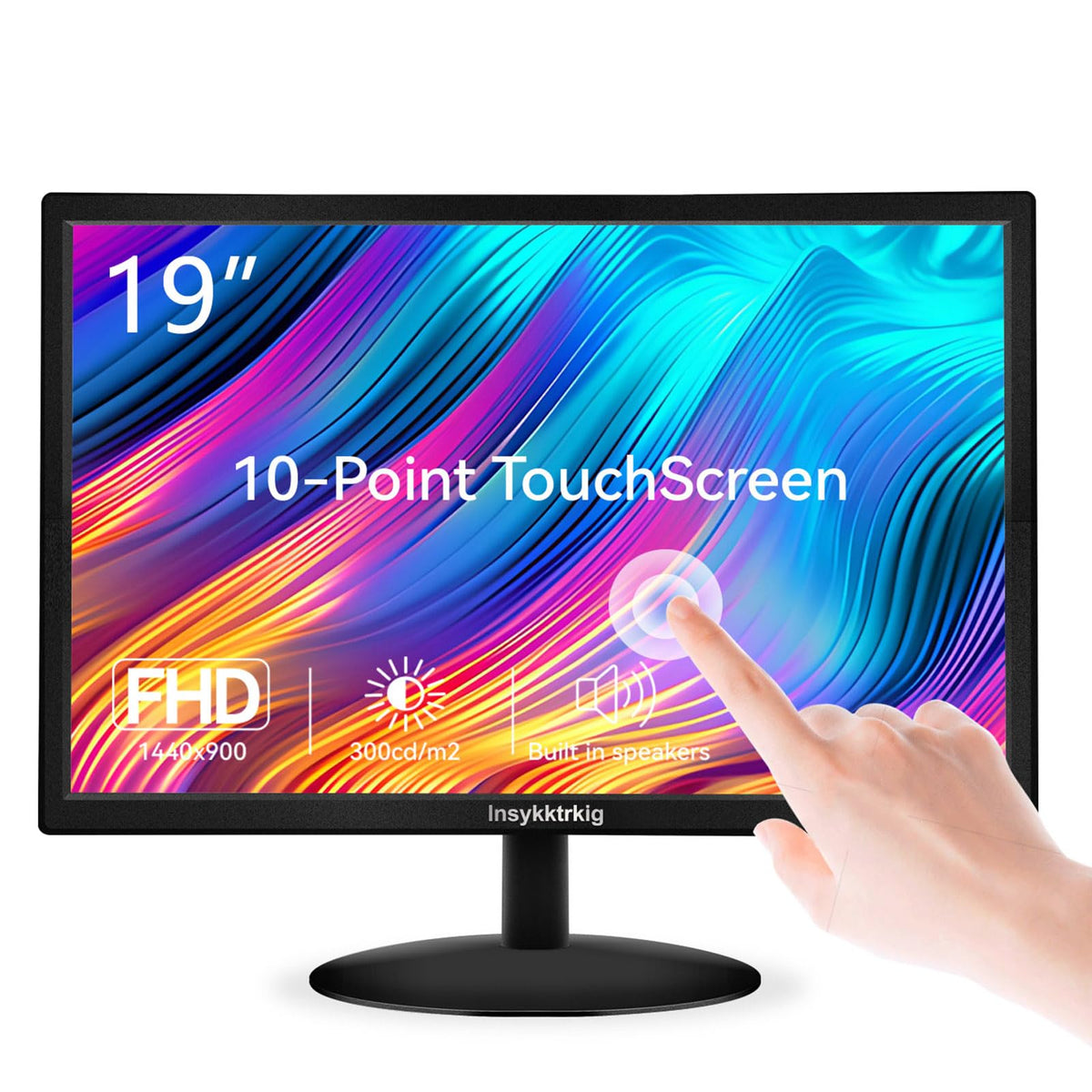 Insykktrkig 19-inch touchscreen monitor front view with crisp 1440x900 visuals for productive tasks.