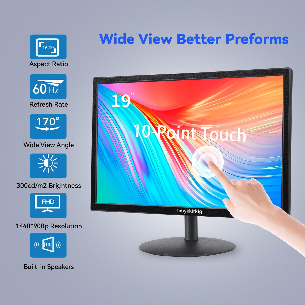 Insykktrkig 19-inch touchscreen monitor ports and cables highlight HDMI, VGA, and touch connectivity.