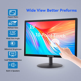 Insykktrkig 19-inch touchscreen monitor ports and cables highlight HDMI, VGA, and touch connectivity.