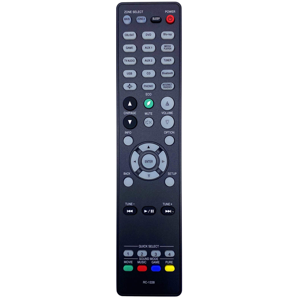INTECHING RC-1228 remote front view with quick-access Denon AVR controls