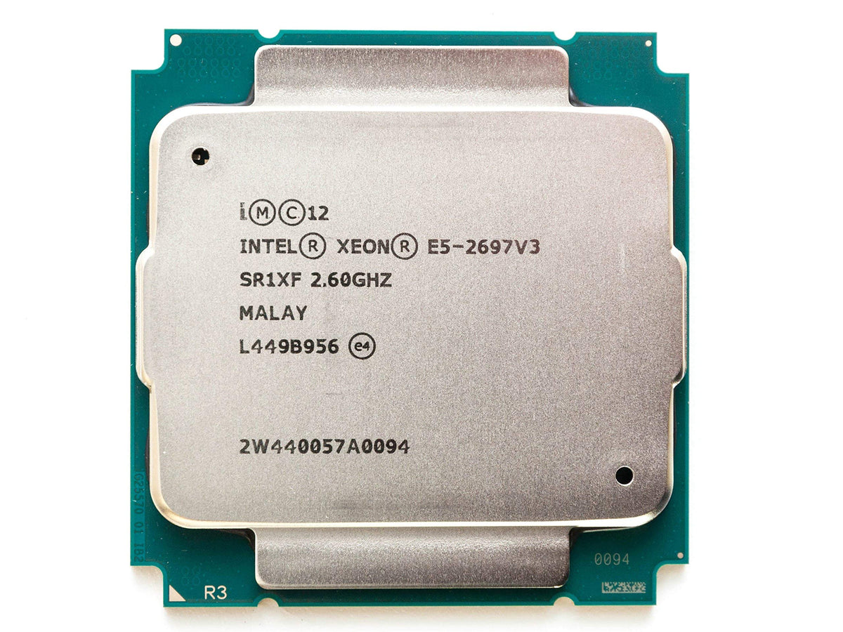 Intel Xeon E5-2697 v3 front view showing pins and label, indicating reliable server performance