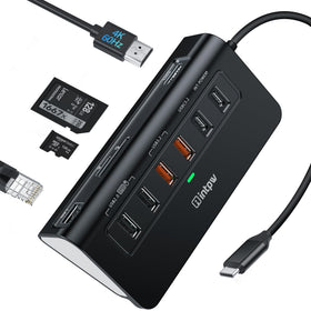 intpw front view of hub showing ports and slim aluminum body, ideal for compact workspaces
