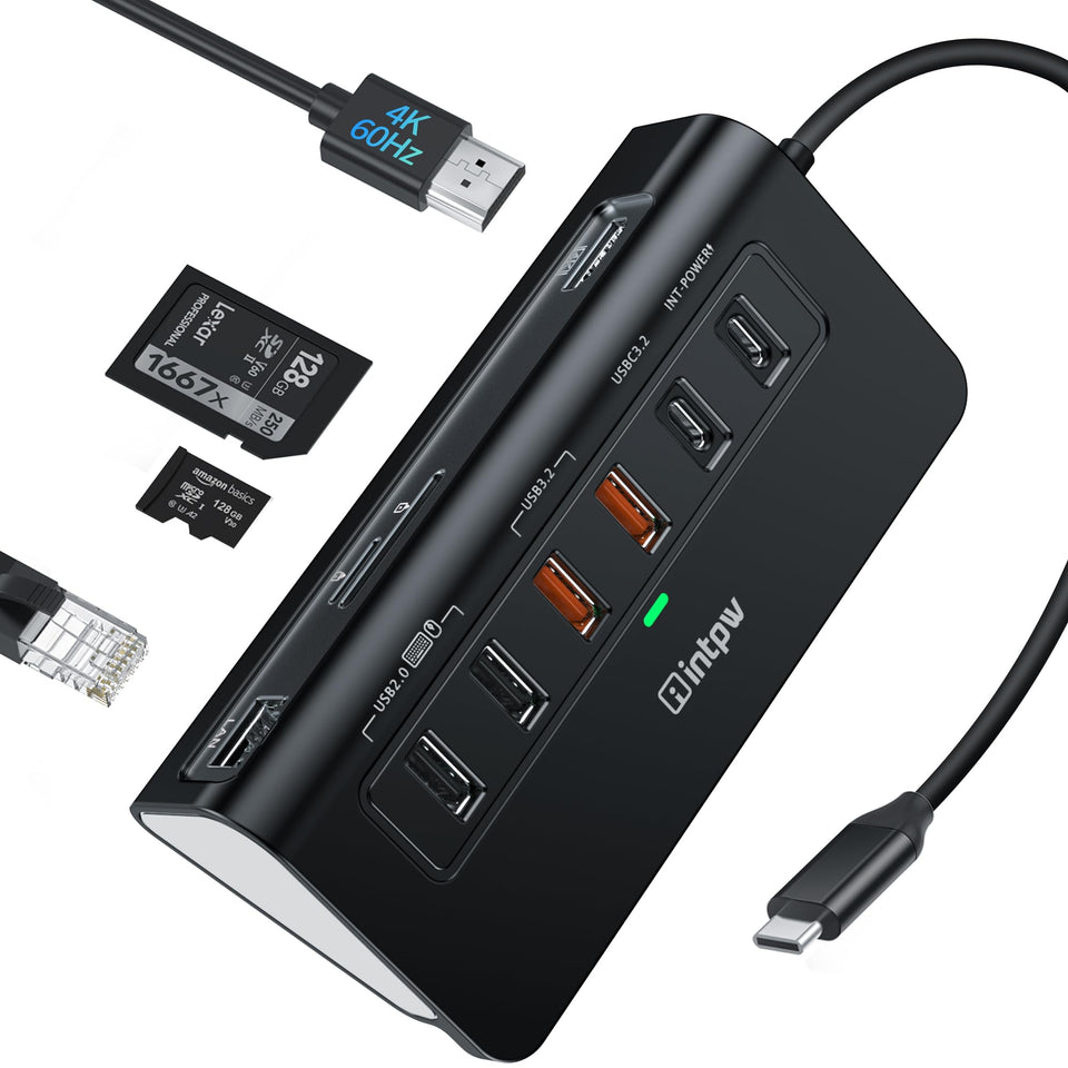 intpw front view of hub showing ports and slim aluminum body, ideal for compact workspaces
