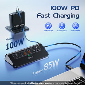 intpw next to laptop to show compact size and scale for portable workstation use