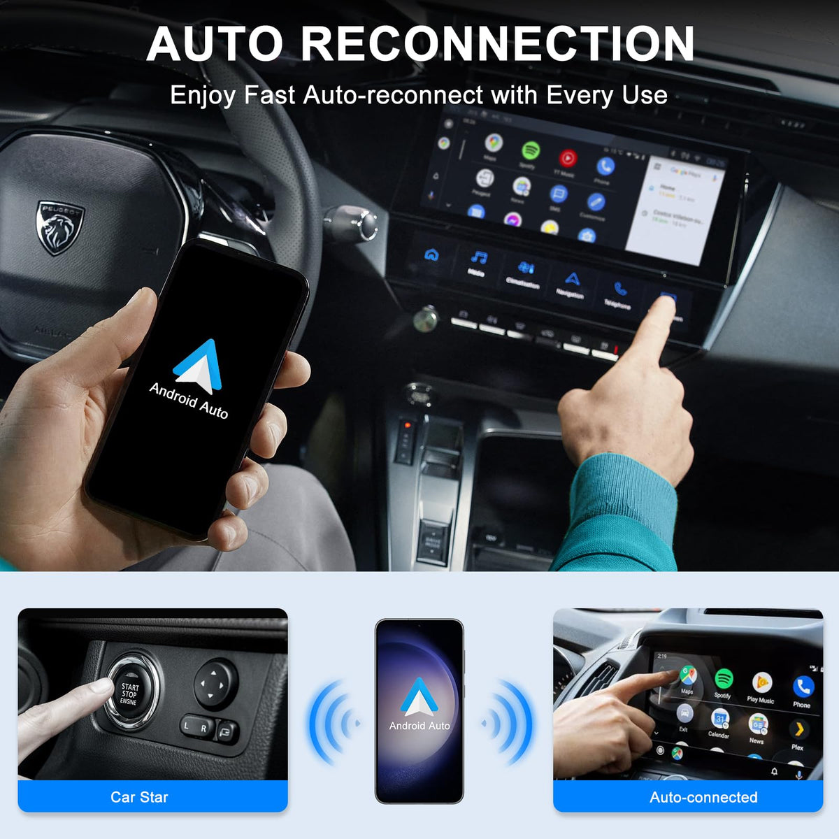 Car interior with wireless Android Auto active on the dashboard.