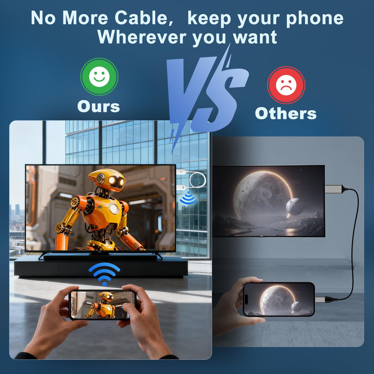 INVERSE NET adapter in use on TV showing cable-free screen sharing from a mobile device.