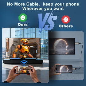 INVERSE NET adapter in use on TV showing cable-free screen sharing from a mobile device.