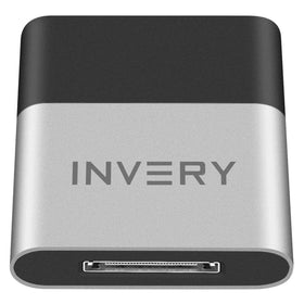 INVERY DockLinQ Pro front view showing 30‑pin plug and sleek housing, adding wireless streaming
