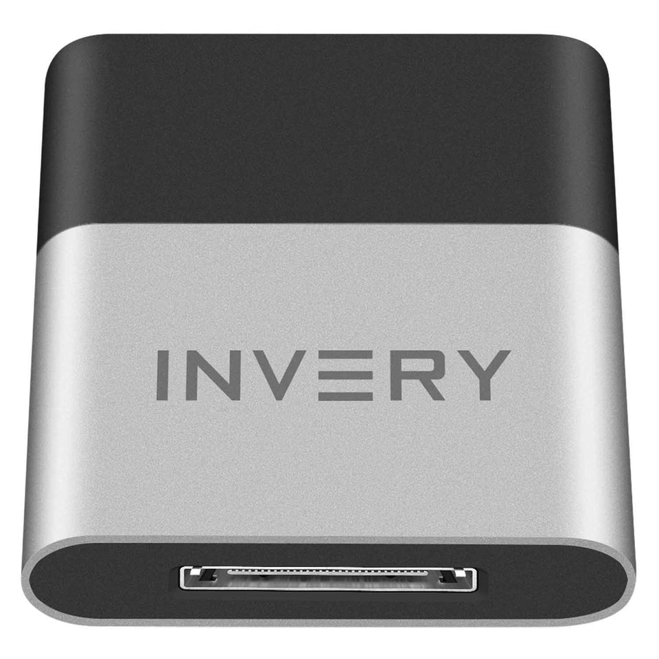 INVERY DockLinQ Pro front view showing 30‑pin plug and sleek housing, adding wireless streaming
