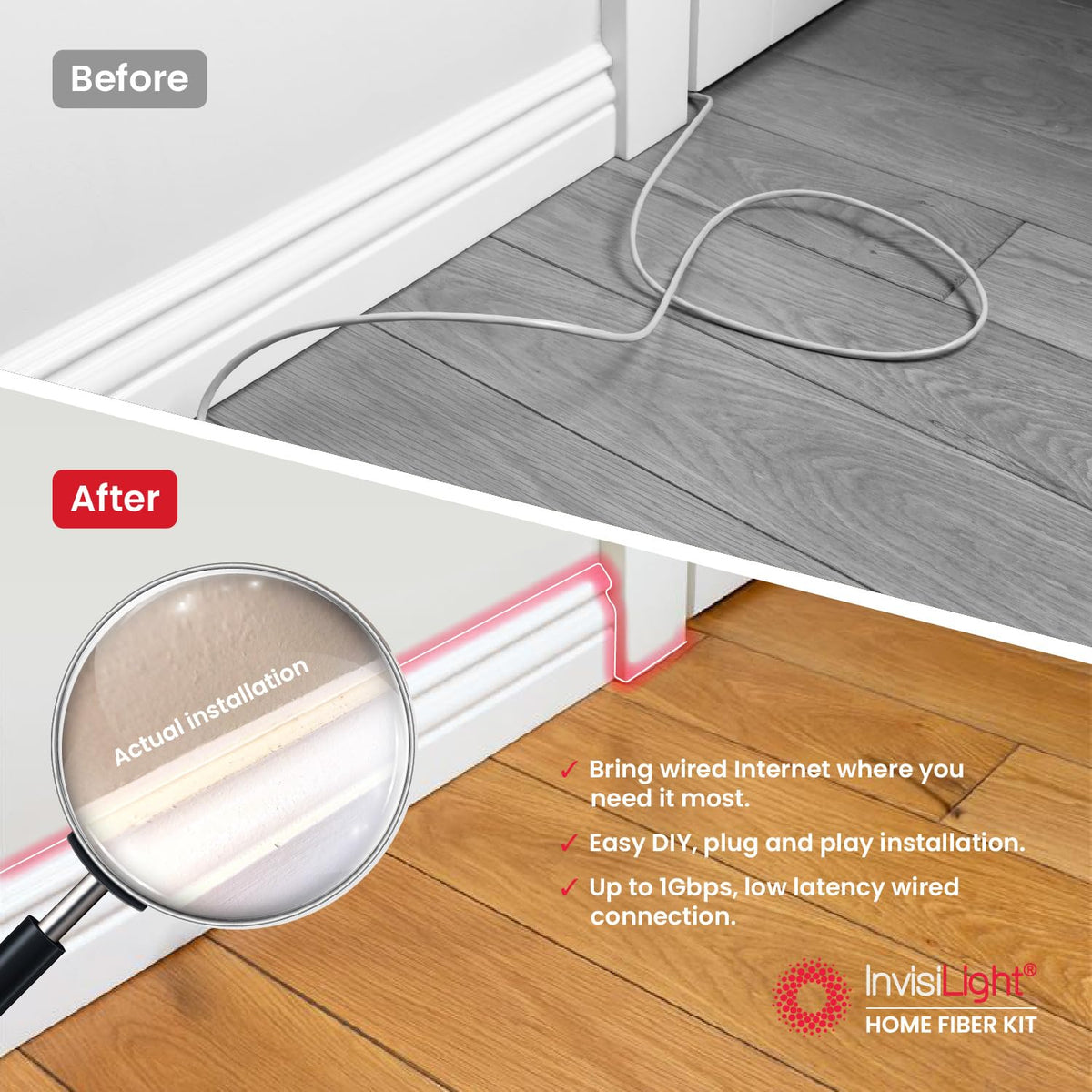 InvisiLight fiber cable running along baseboard to minimize disruption.