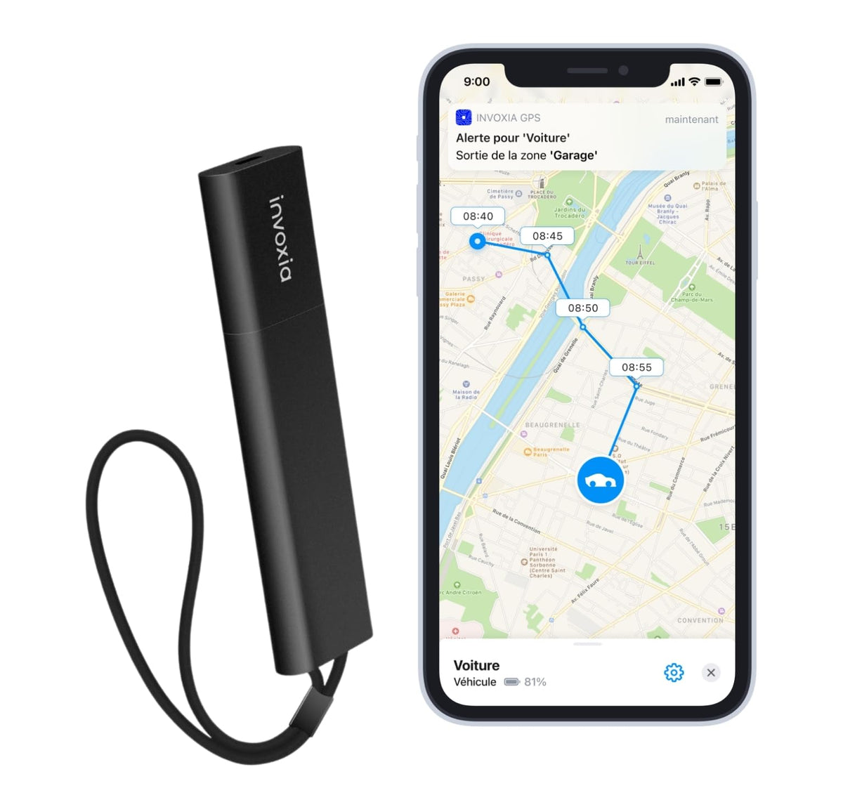 Invoxia GPS Pro Tracker front view for discreet vehicle location tracking.