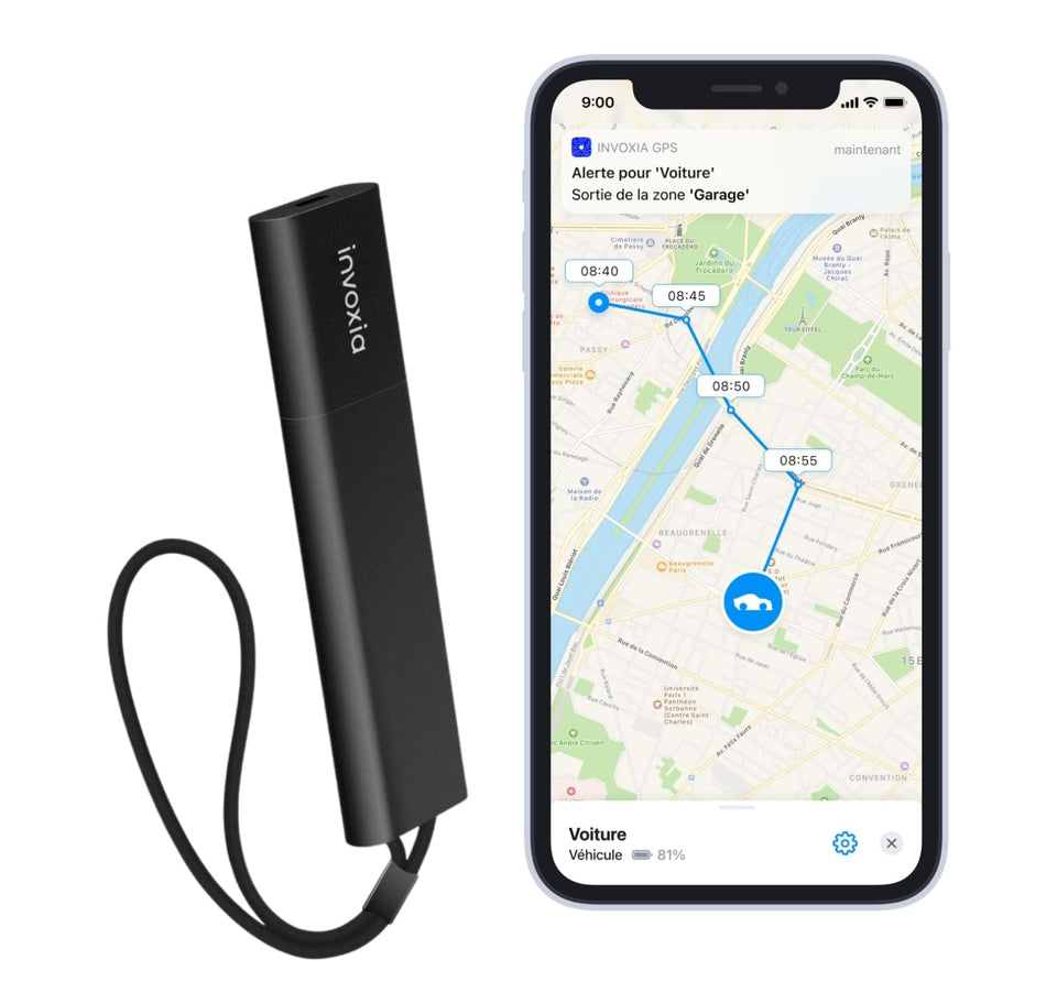 Invoxia GPS Pro Tracker front view for discreet vehicle location tracking.