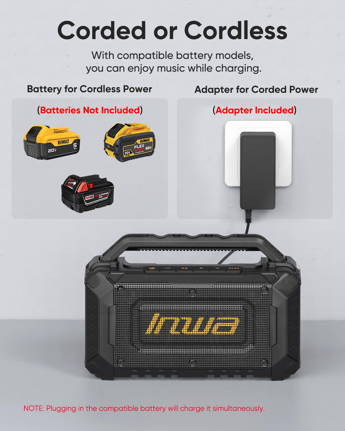 Inwa speaker with Bluetooth 5.2 and AUX connectivity for versatile pairing.