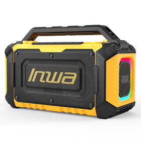 Inwa jobsite Bluetooth speaker showing DeWalt 20V FLEXVOLT compatibility for adaptable power