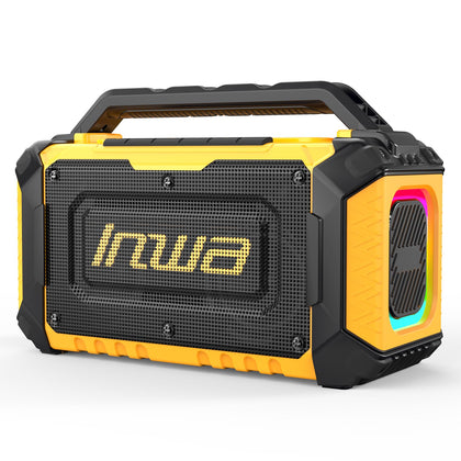 Inwa jobsite Bluetooth speaker showing DeWalt 20V FLEXVOLT compatibility for adaptable power