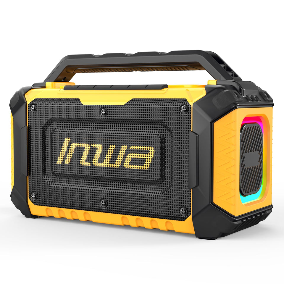 Inwa jobsite Bluetooth speaker showing DeWalt 20V FLEXVOLT compatibility for adaptable power