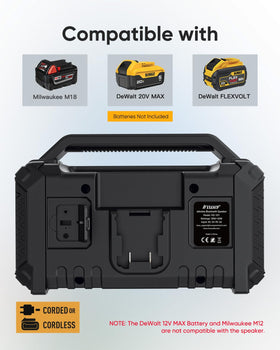 Inwa portable speaker highlighting DeWalt 20V Max compatibility for easy battery pairing.