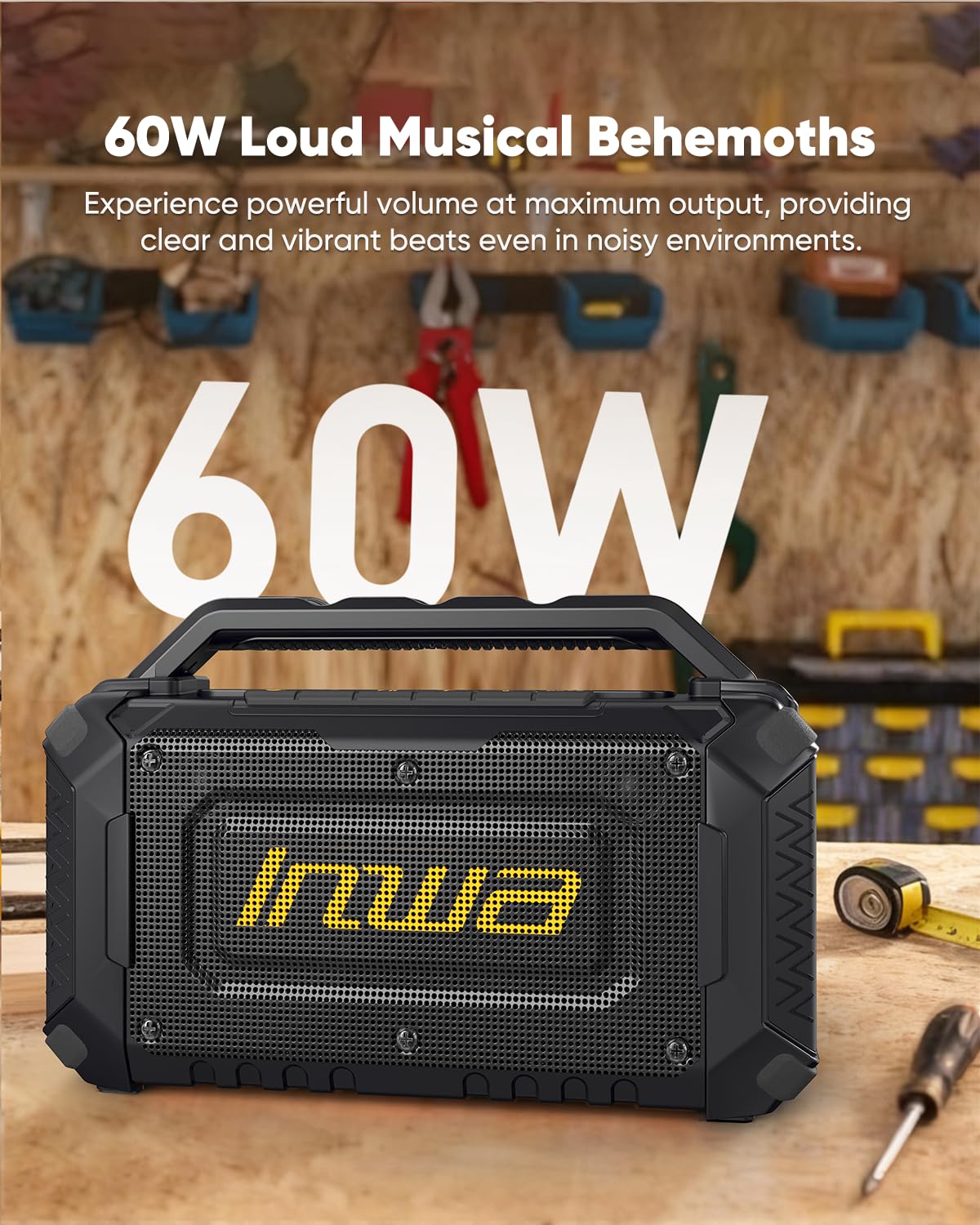 Inwa portable speaker highlighting DeWalt FLEXVOLT compatibility for adaptable jobsite use.