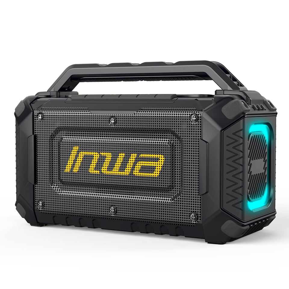 Inwa portable speaker highlighting Milwaukee M18 compatibility for flexible on-site power.