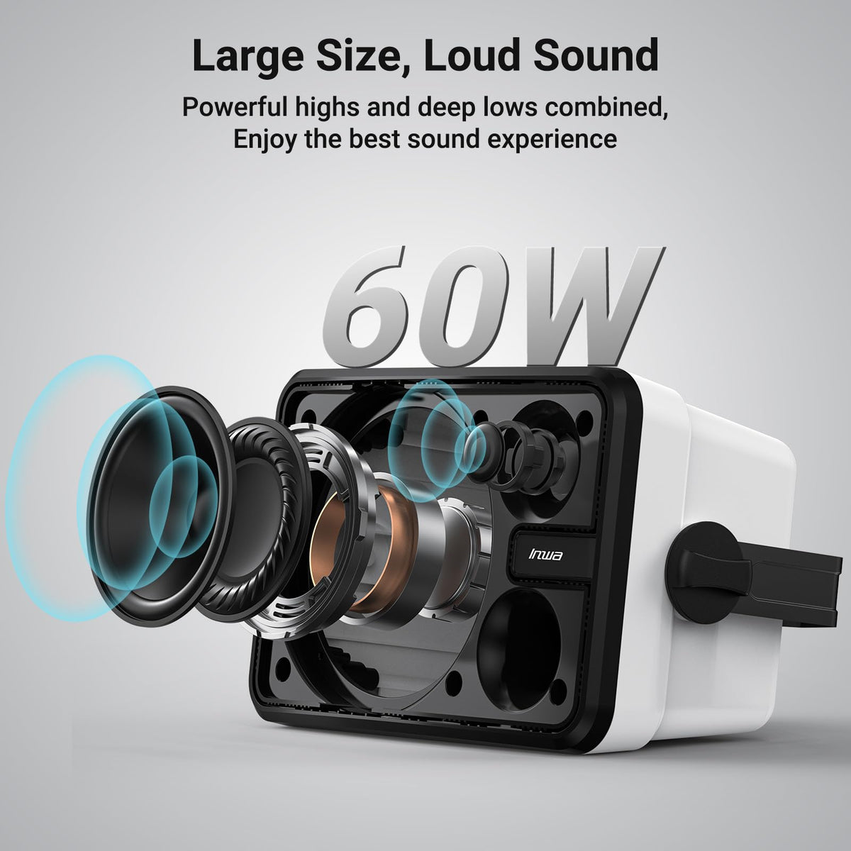 Inwa speaker with woofer and tweeter delivers rich bass.