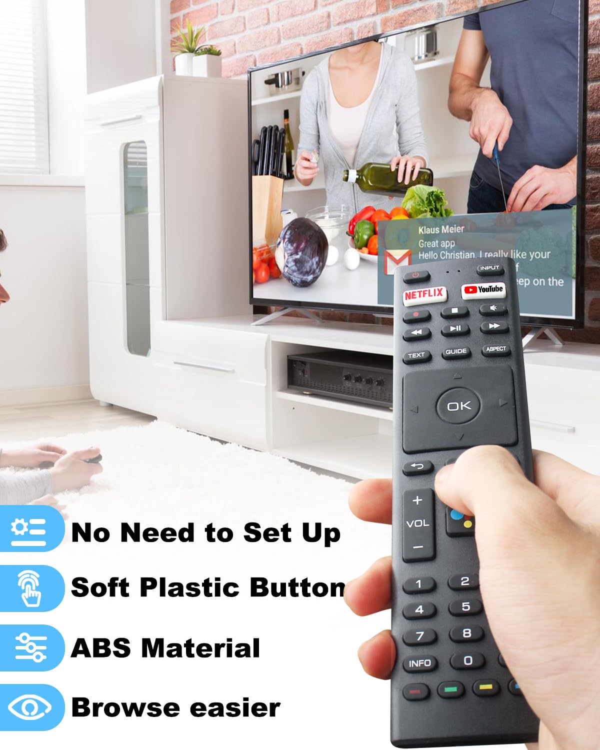IOEALD RM-C3329 pointed at a Konka TV showing instant plug-and-play benefit