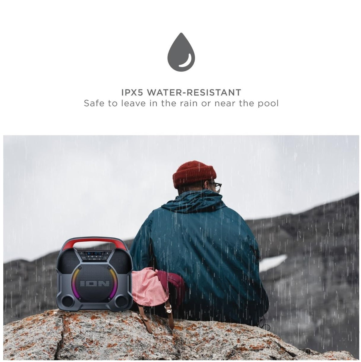 ION outdoor beach setup showing splash resistance for outdoor fun