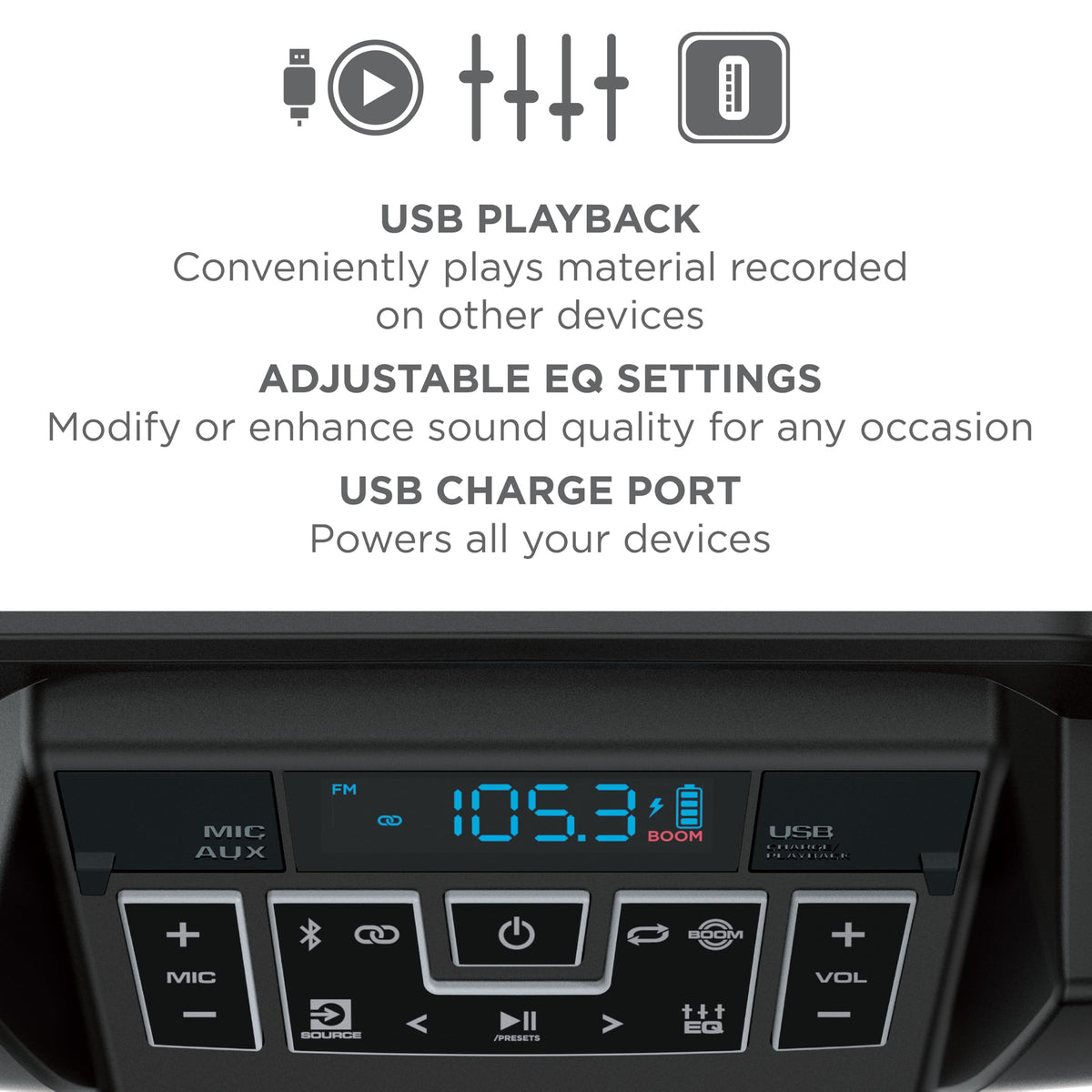 ION Sport Boom USB port, play from USB and charge devices