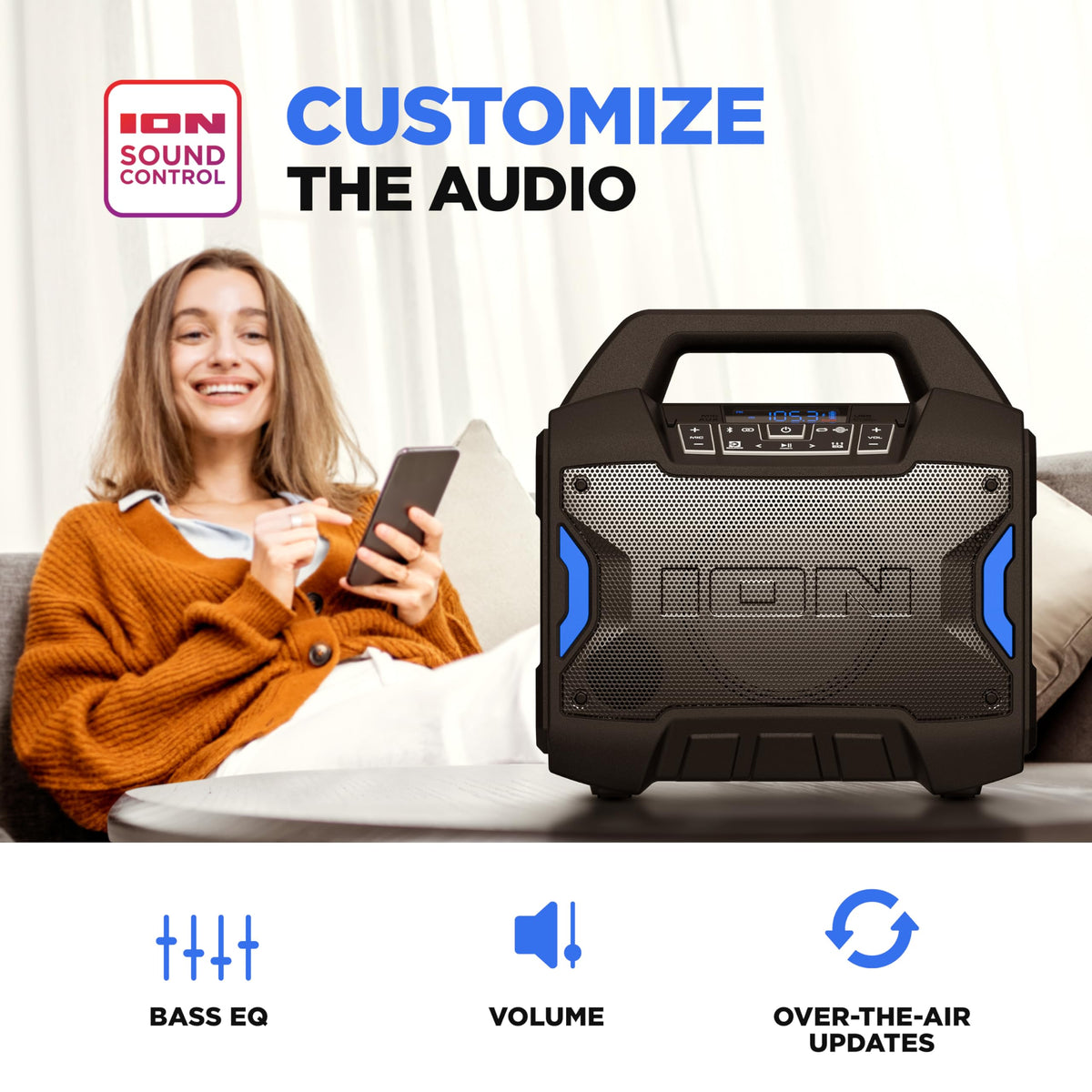 ION Tailgater Boom mic input enables announcements and karaoke on the go.