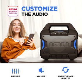ION Tailgater Boom mic input enables announcements and karaoke on the go.