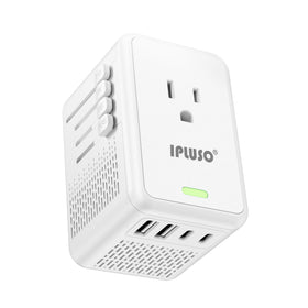 IPLUSO front view showing AC outlet and 2 USB-C 2 USB-A ports for multi-device charging