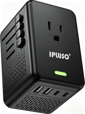 IPLUSO front view showing AC outlet and USB ports for versatile charging