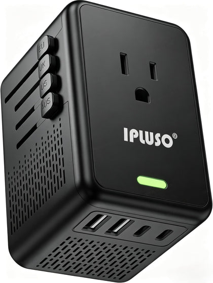IPLUSO front view showing AC outlet and USB ports for versatile charging