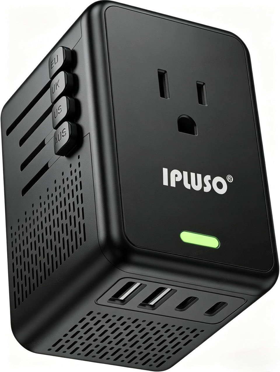 IPLUSO front view showing AC outlet and USB ports for versatile charging