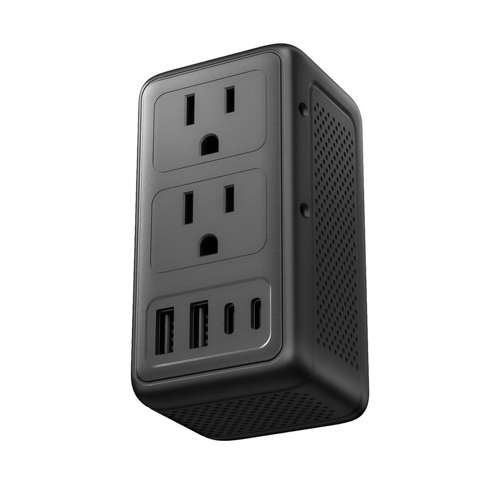 IPLUSO front view matt black compact converter showing ports for convenient travel